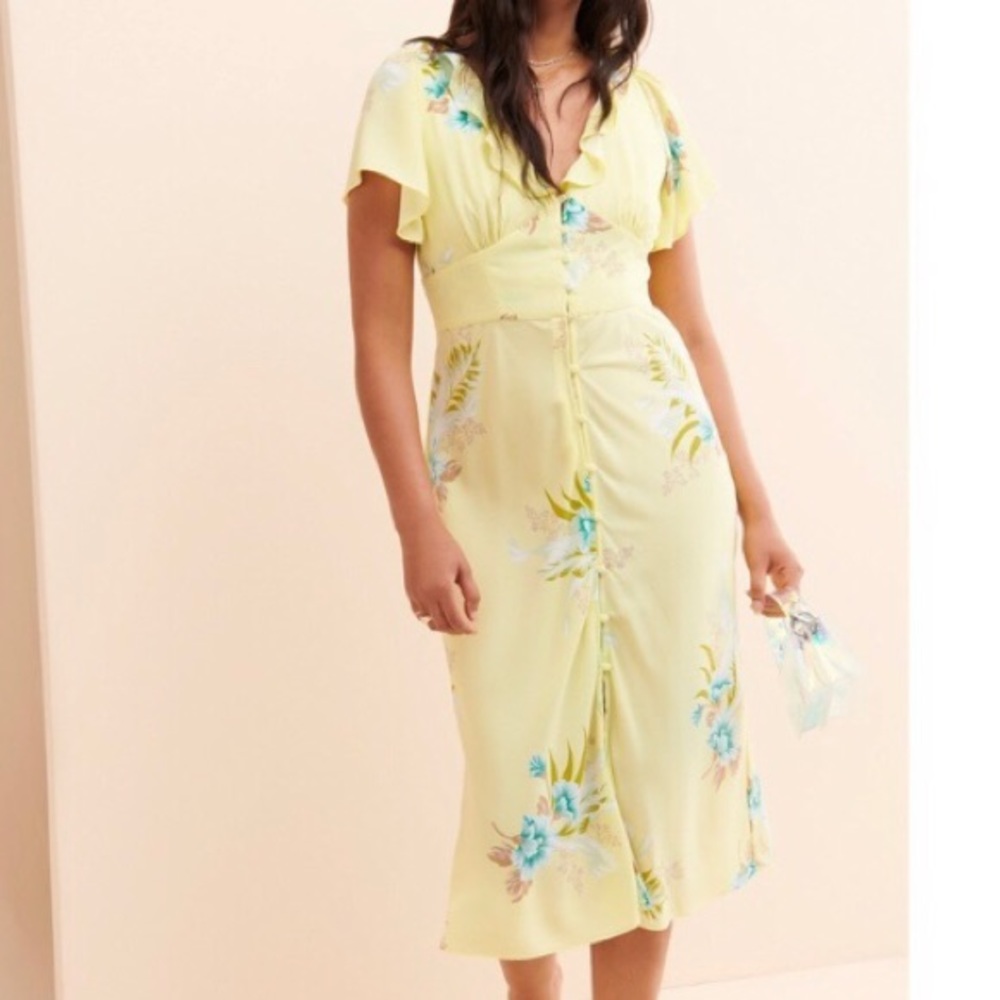 UO Heart Melter Button-Front Midi Dress (floral yellow)